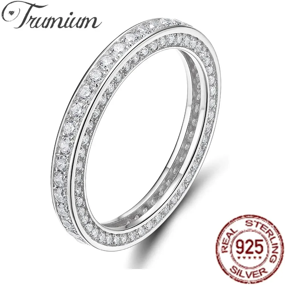 Trumium Genuine 925 Sterling Silver Women Rings  5A Cubic Zirconia Stackable Eternity Engagement Wedding Bands Fine Jewelry