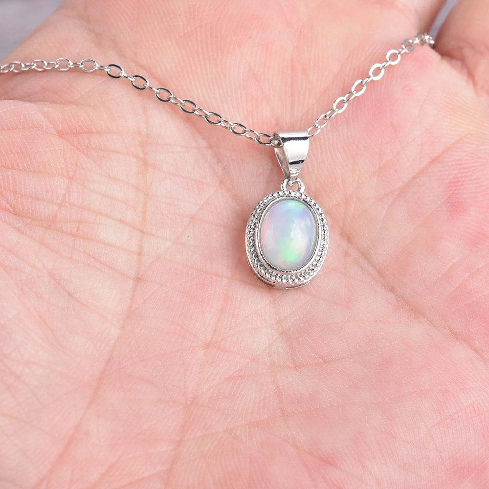 ITSMOS Natural Opal Crystal Pendant Necklace October Birthstone Gemstone Simple Necklaces Fire Light Oval Opal Jewelry for Women