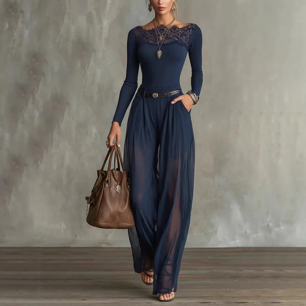 

2 Piece Set Blouse O-neck Lace Trim Top High Waist Wide Leg Pleated Pants Tee Sheer Chiffon Solid Navy Blue Long Sleeve Top