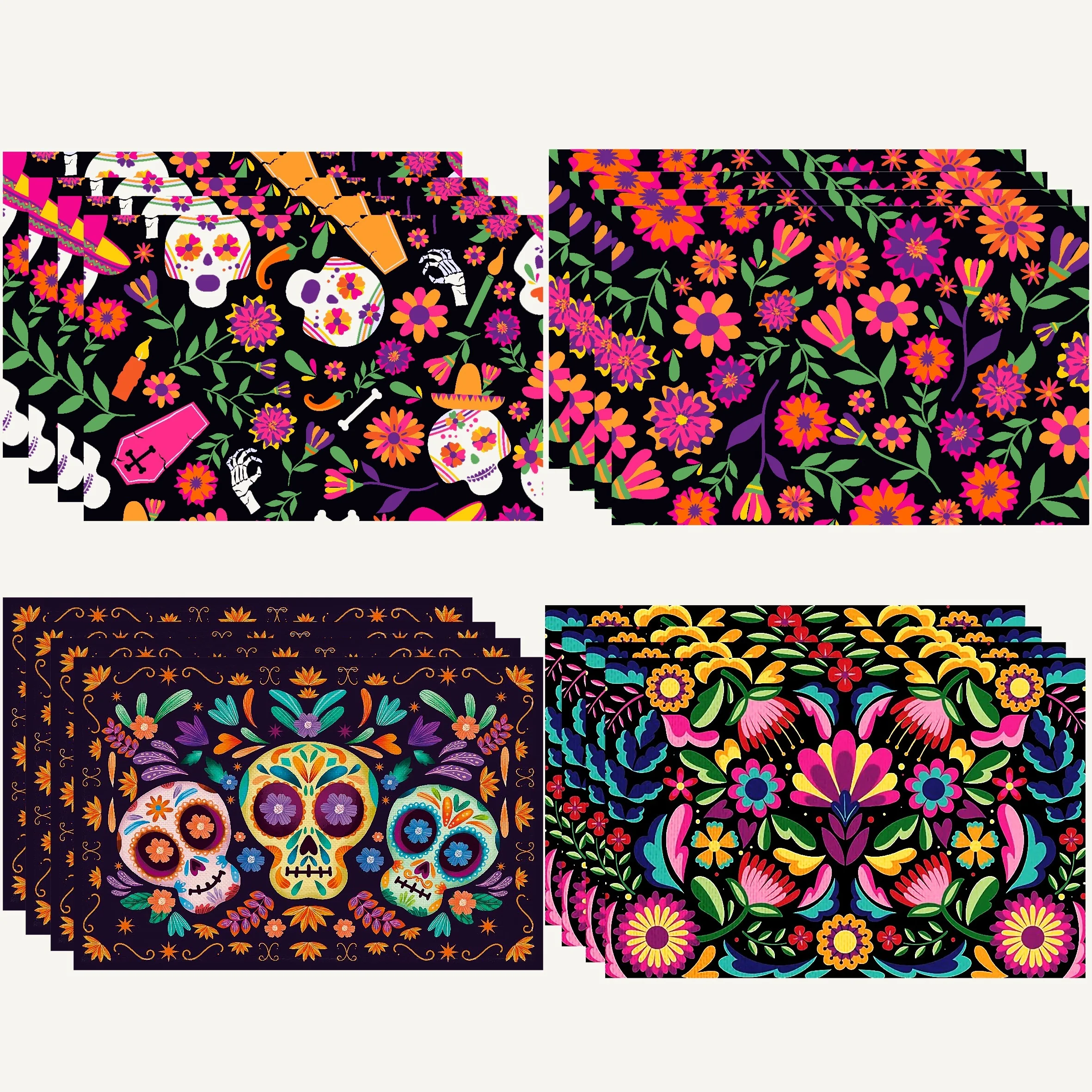 1pc, Linen Table Mat, Mexican Style Colorful Skull Placemats, Square Cinco De Mayo Table Pad, Dia De Los Muertos Decor