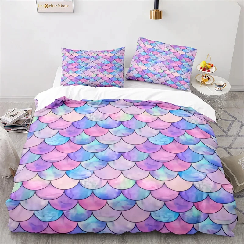 Colorful Fish Scales Bedding Set Twin King For Boys Girl Blue Pink Mermaid Skin Surface Print Duvet Cover Polyester Quilt Cover