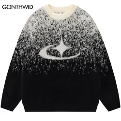 Harajuku Mohair Sweater Y2K Knitted Star Fuzzy Fluffy Gradient Pullover Jumper Streetwear 2024 Men Hip Hop Loose Cozy Sweaters