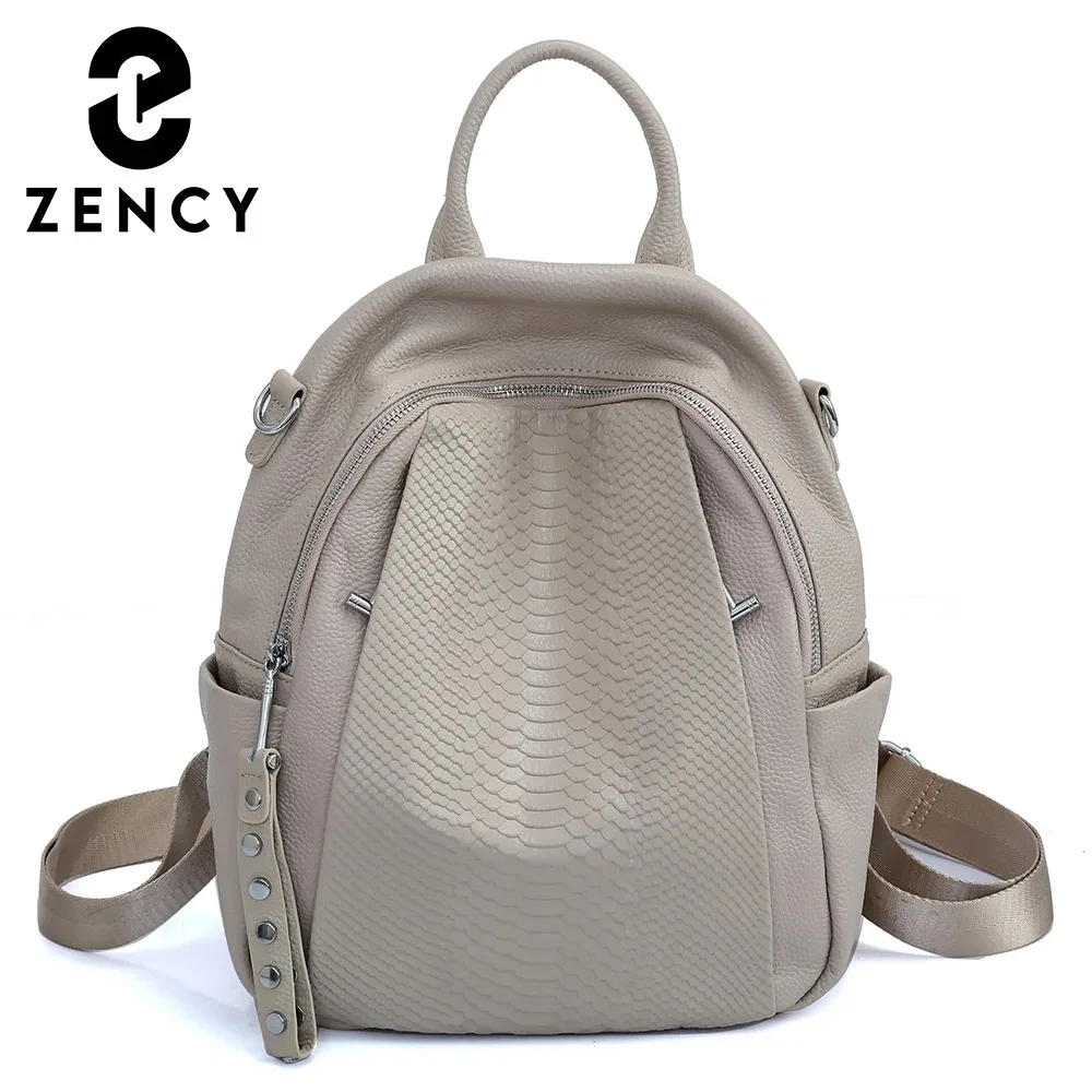 Mochila Zency de cuero genuino para mujer, moda con remaches de cocodrilo, bolso de hombro Simple para mujer, bolso escolar de viaje, mochila para