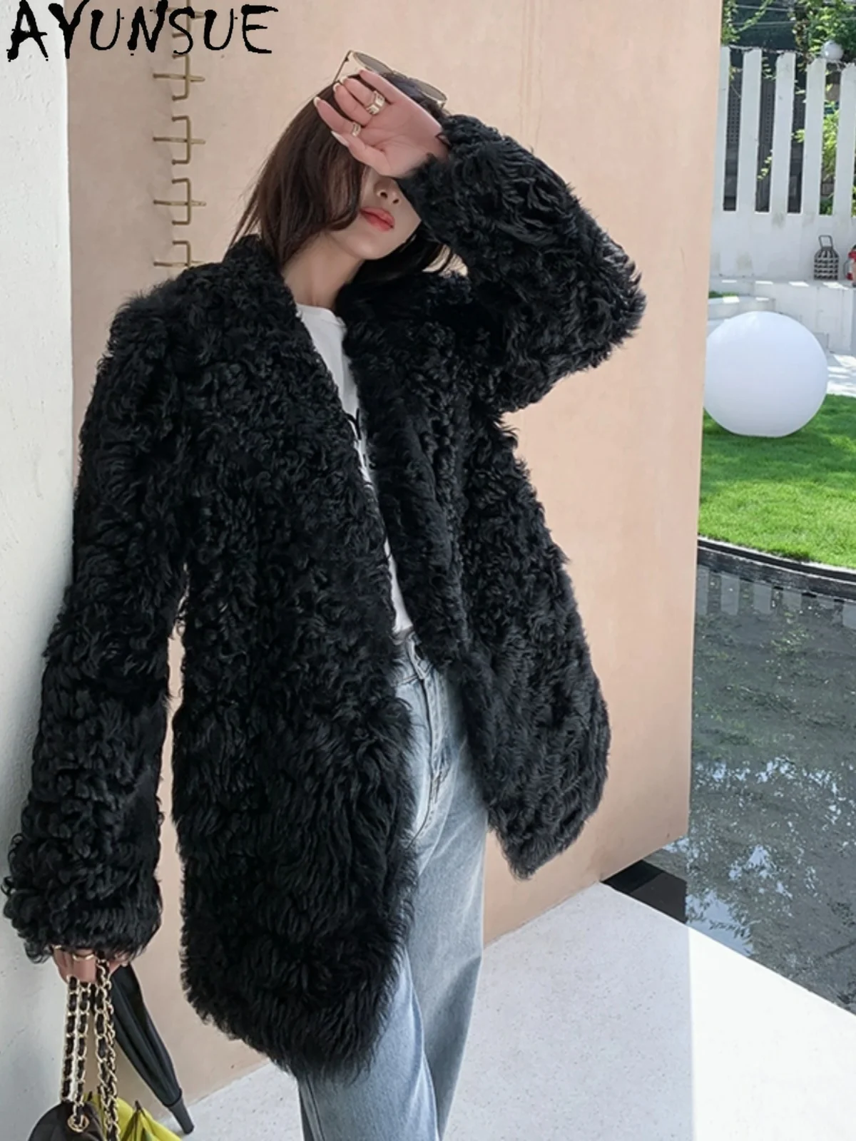 AYUNSUE 2025 새로운 Shearling Jacket 여성 중간 길이 100% 천연 양모 여성 자켓 고품질 겉옷에 새로운 Кофта С Мехом
