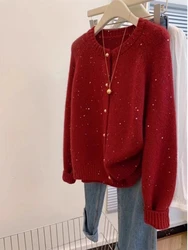 Christmas Red Sequined Knitted Cardigan 2024 New Christmas Women's Round Neck Single Breasted Sweater Retro Elegant Charm Jacket