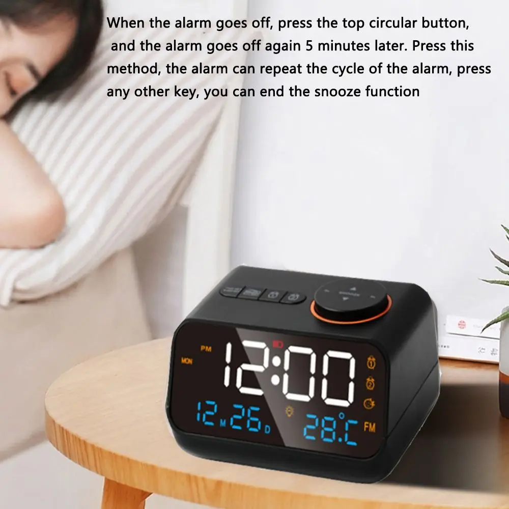 Volume ajustável rádio fm led despertador termômetro carregamento usb calendário de mesa digital conectável fones de ouvido função memória