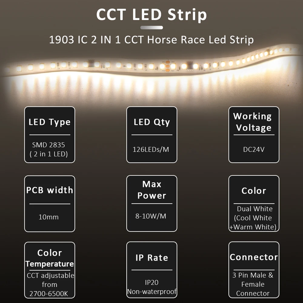 SMD2835 CCT Horse Race LED Strip 5M 10M 15M Dual White IC Running Water Lights 24V 126 LEDs/m RF Remote Control Flex Ribbon Lamp