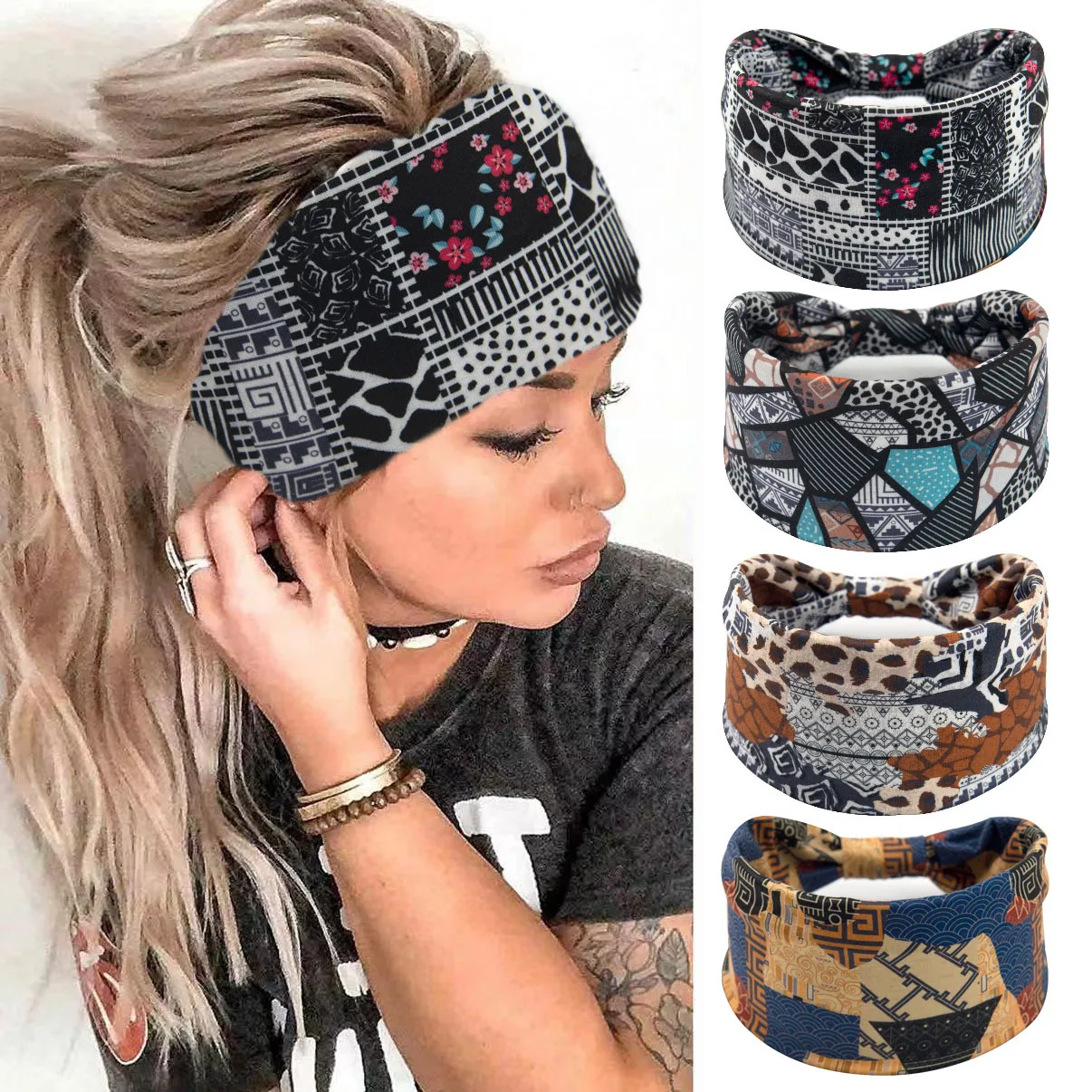 Boho Headbands For Women Wide Knotted Non Slip African Headband Elastic Yoga Turban Hair Scarfs Workout Printed Hair Accessories