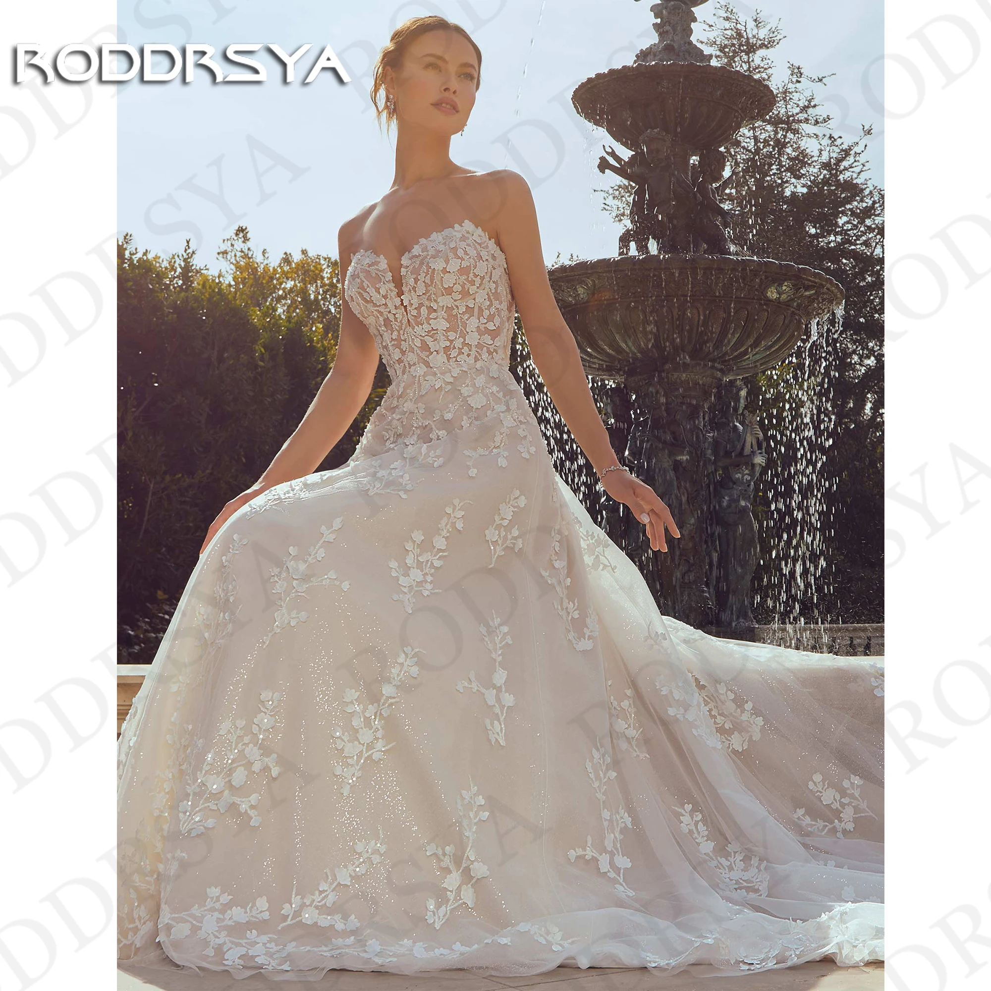 RODDRSYA A Line Appliques Wedding Dress 2024 Luxury Shiny Tulle V Neck Spaghetti Straps Bridal Dresses vestidos de boda 2024