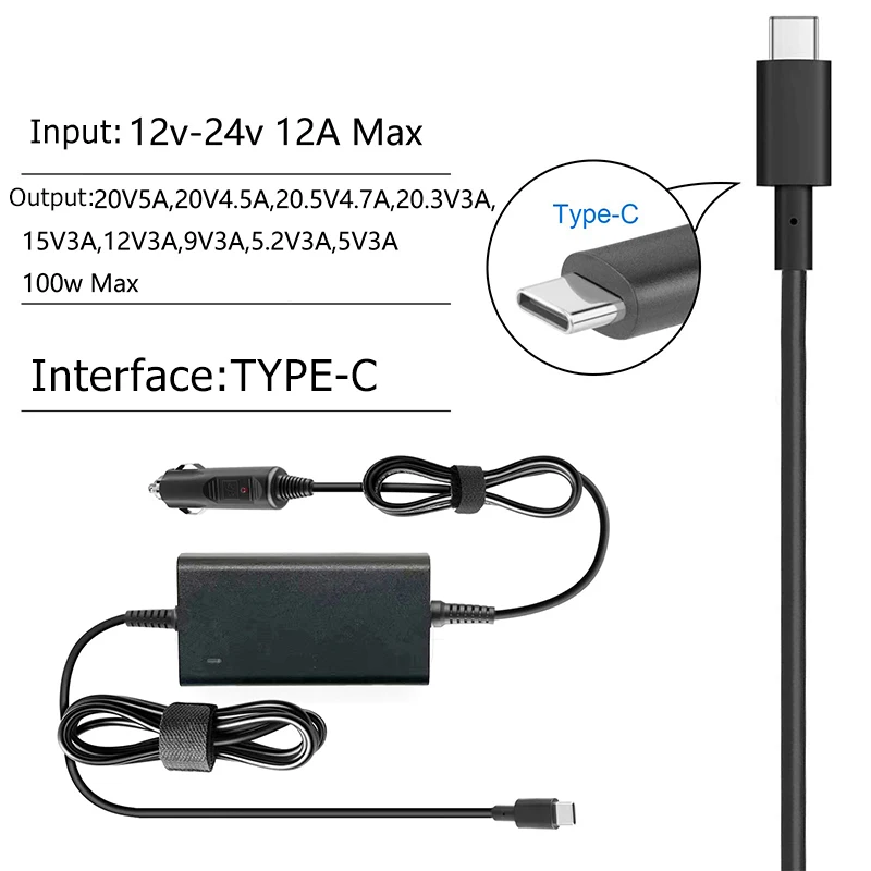 100W Max 12V-24V Universal Car Charger USB-C PD 5V 9V 12V 15V 3A 20V 5A For Lenovo Dell Laptops Tablets Phones TYPE-C Charger view 6