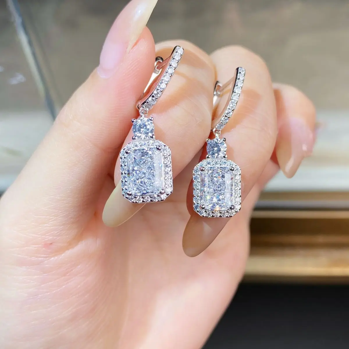 

925 sterling silver classic full diamond pendant earrings 2 carats square bag light luxury shiny women's high-quality jewelry