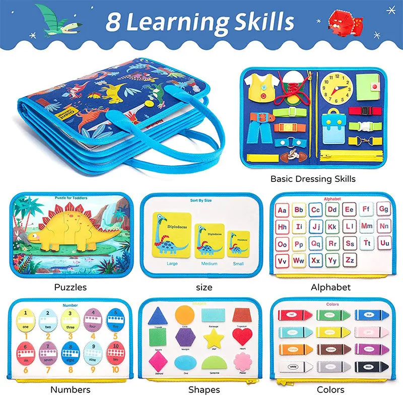 Toddler Busy Board Sensory Toys Travel Activities Montessori Education Toys For 2 3 4 Years Old Kids Gift Cartoon Dinosaur