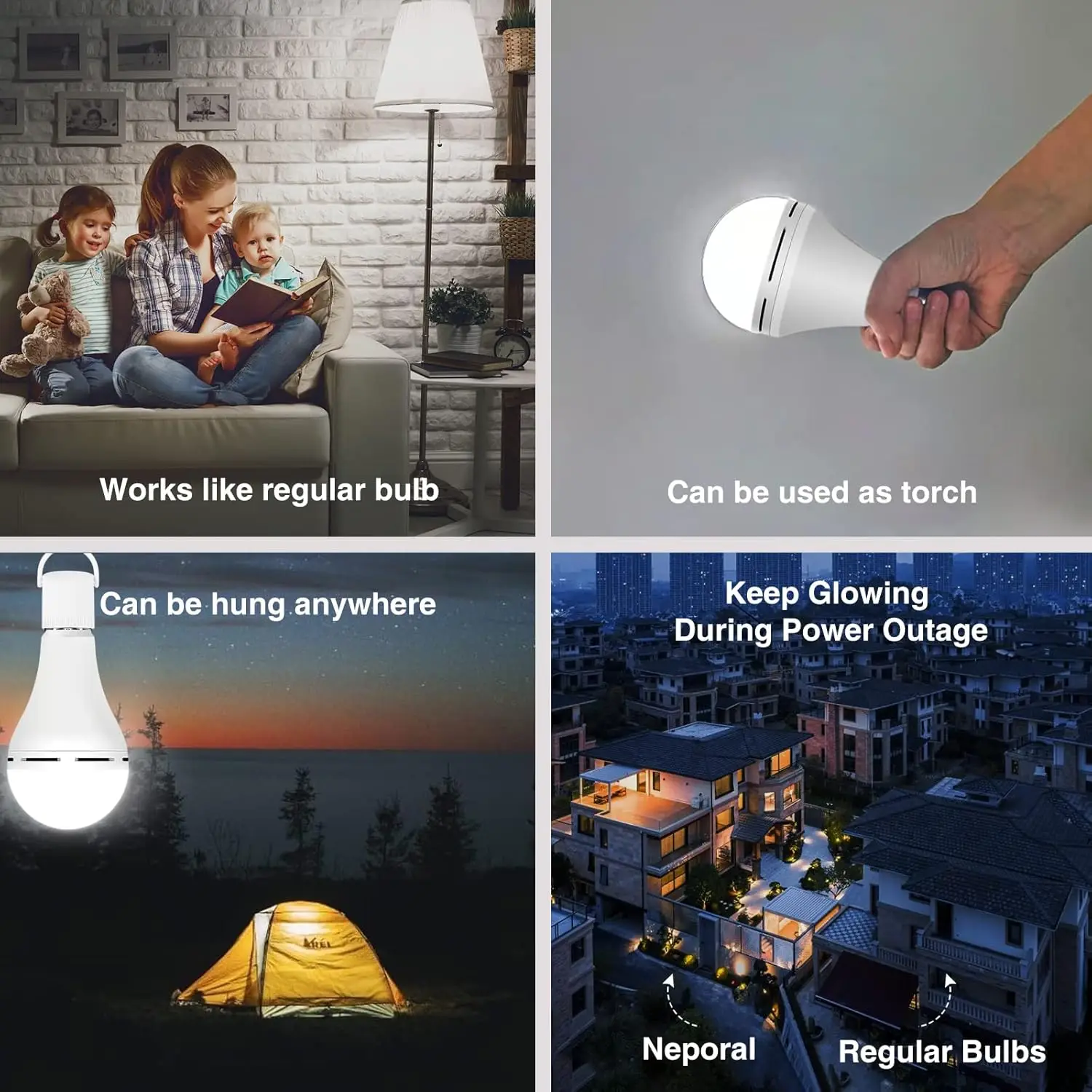 Rechargeable Light Bulbs 4Pack, Back Up Battery Light Bulbs, 80W Equivalent 6000K 1200mAh Battery Operated Light Bulb for Power Outage Hurricane, Emergency Lights for Home Power Failure