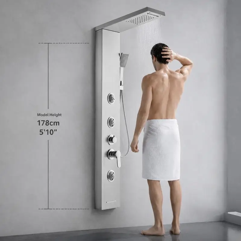 Système de colonne de douche 5 en 1, construction métallique, jet de pluie, cascade et jet de massage, avec douchette à main, bec de baignoire et jets corporels, ensemble de robinetterie murale pour salle de bain, 1345 mm
