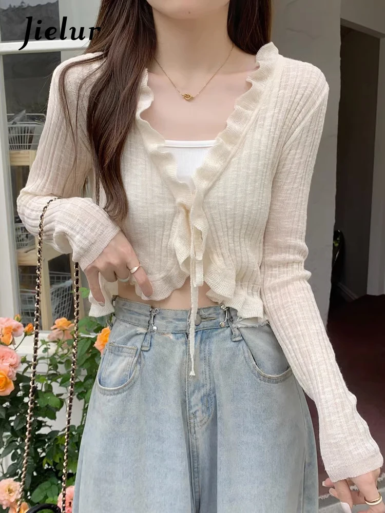 Jielur Autumn New Solid Color Slim Cardigan Woman Sweet Ladies Elegant Cardigan Black Apricot Green White Knitted Cardigan Women