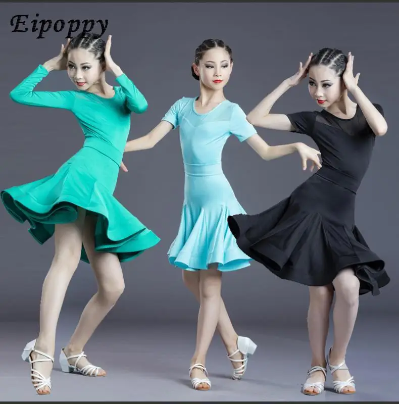 ชุดเต้นรำละตินแขนยาวสำหรับเด็กผู้หญิงชุดแข่งขัน