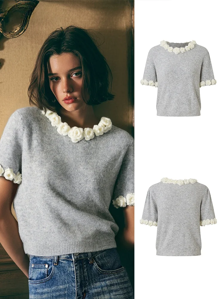 

Женская футболка SpOverSp Wither ey Series из мягкого трикотажа с 3D-цветами, свободного кроя, с круглым вырезом, в французском стиле