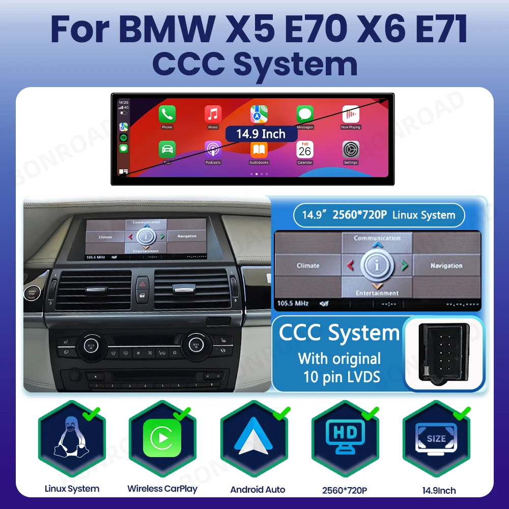 BONROAD Linux 14.9" 2560*720P autoradio multimediasysteem touchscreen display draadloze CarPlay Android Auto voor BMW X5 E70 X6 E71 Navi