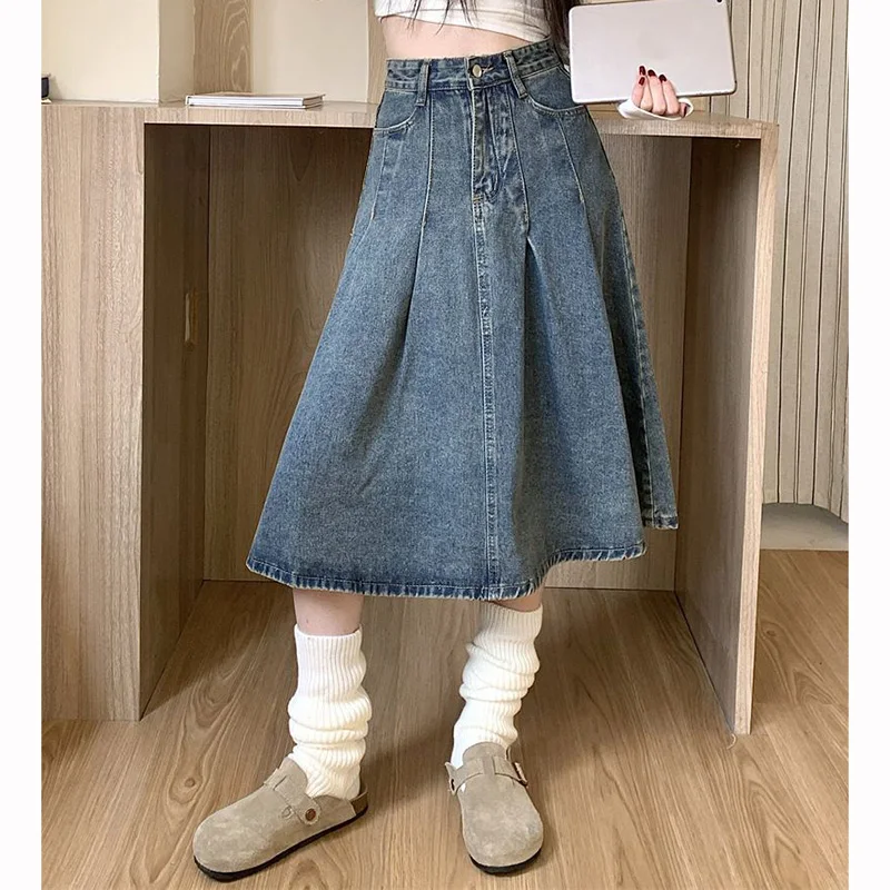 Summer Lady Chic Fashion High Waist Jeans Skirts Women Thin Mid-Long Denim Skirts Girls Retro Fashion Casual Denim Dress