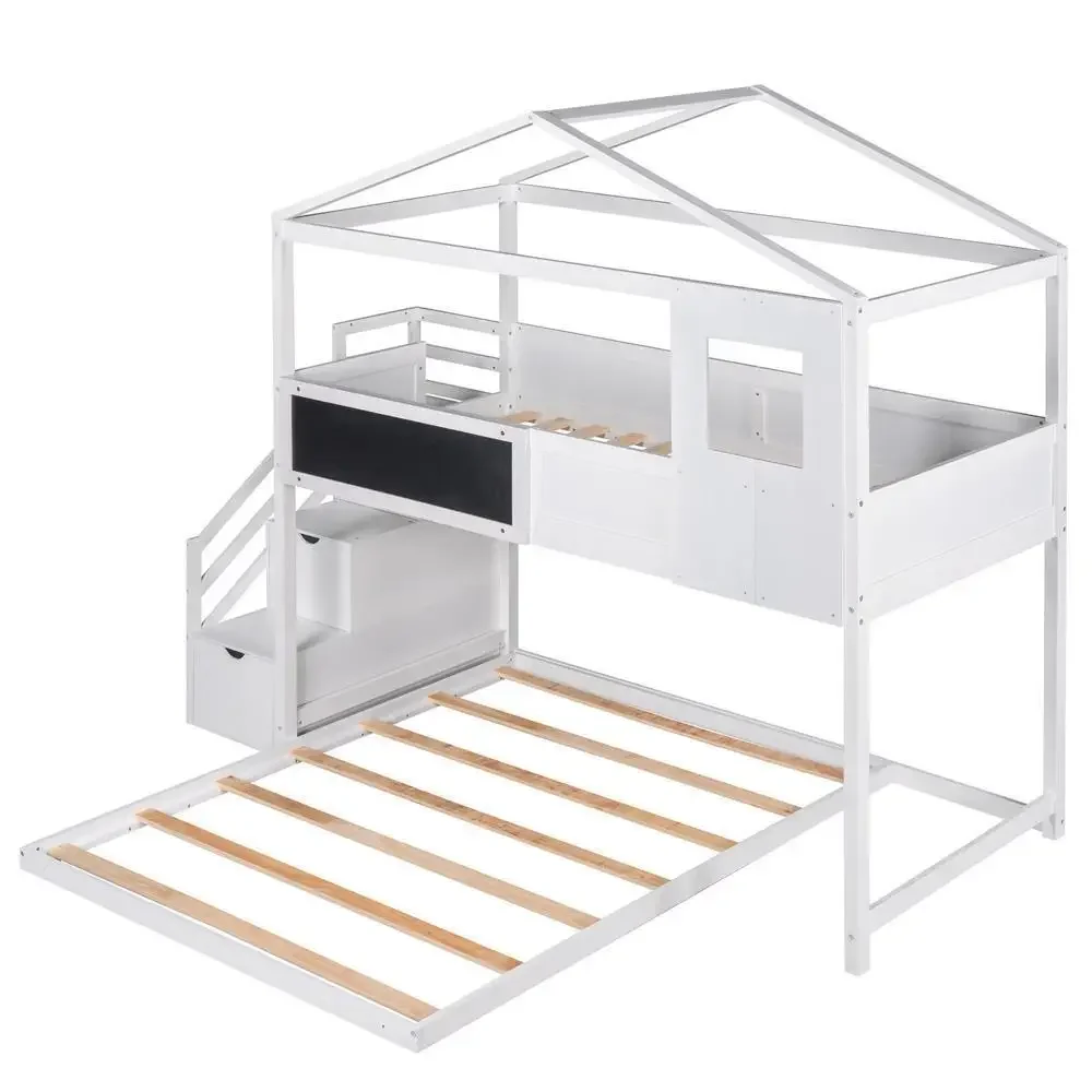 2023 New Kids Girls Twin Over Full House Bunk Bed With Storage Staircase and Blackboard Modern Kids Children Bunk Bed