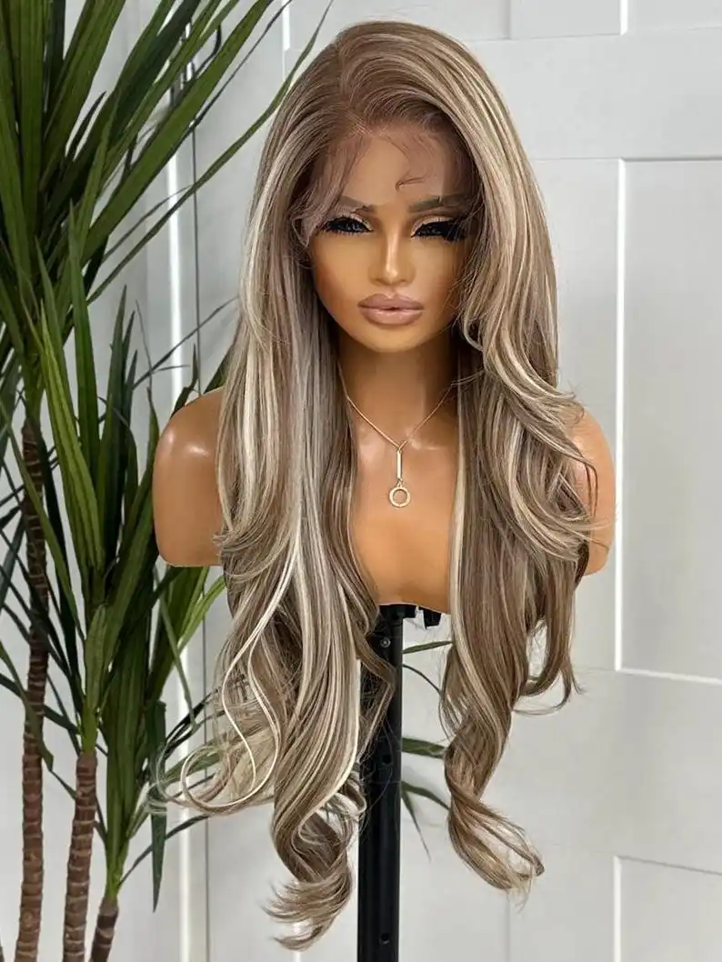 ハイライトオンブレウィッグ ボディウェーブ レースフロントウィッグ 13x4 HDレースウィッグ ブラウンブロンドヘッドバンド付き グルーレスウィッグ 合成レースフロントウィッグ