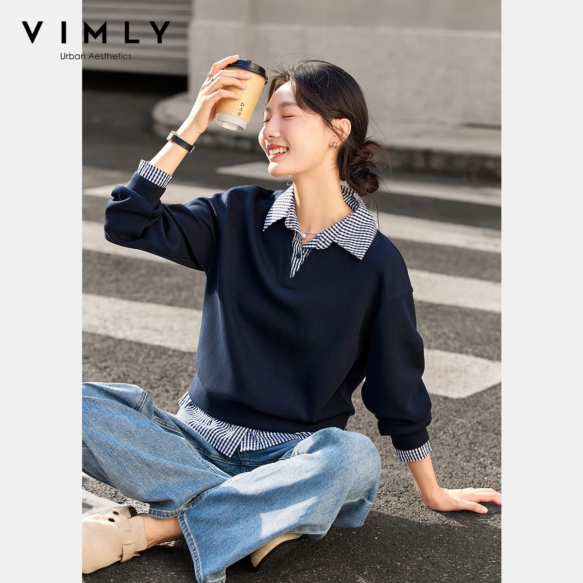 VIMLY Adrette Gefälschte Zwei-Stück Sweatshirt Frauen 2025, Herbst Pendeln Pullover Mode Drehen-unten Kragen frauen Kleidung a2068