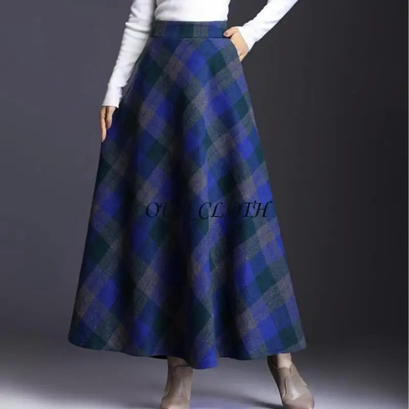 

Women's Lattice Skirt Warm Elastic Waist Wool A-Line Pleated Tartan Winter Long Skirts Y1AC