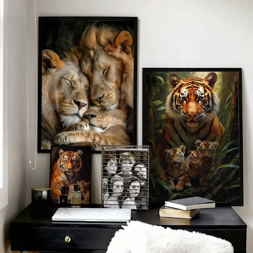 Animal Aesthetics Wild Lion Tiger and Cub  Posters High Quality Self-adhesive Wall Art Decorations Color Prints Sticky