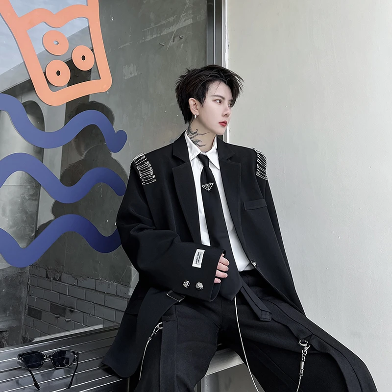 

Мужской премиальный пиджак с подплечниками и декоративными элементами, модный брендовый повседневный топ с длинным рукавом, свободный крой, верхняя одежда