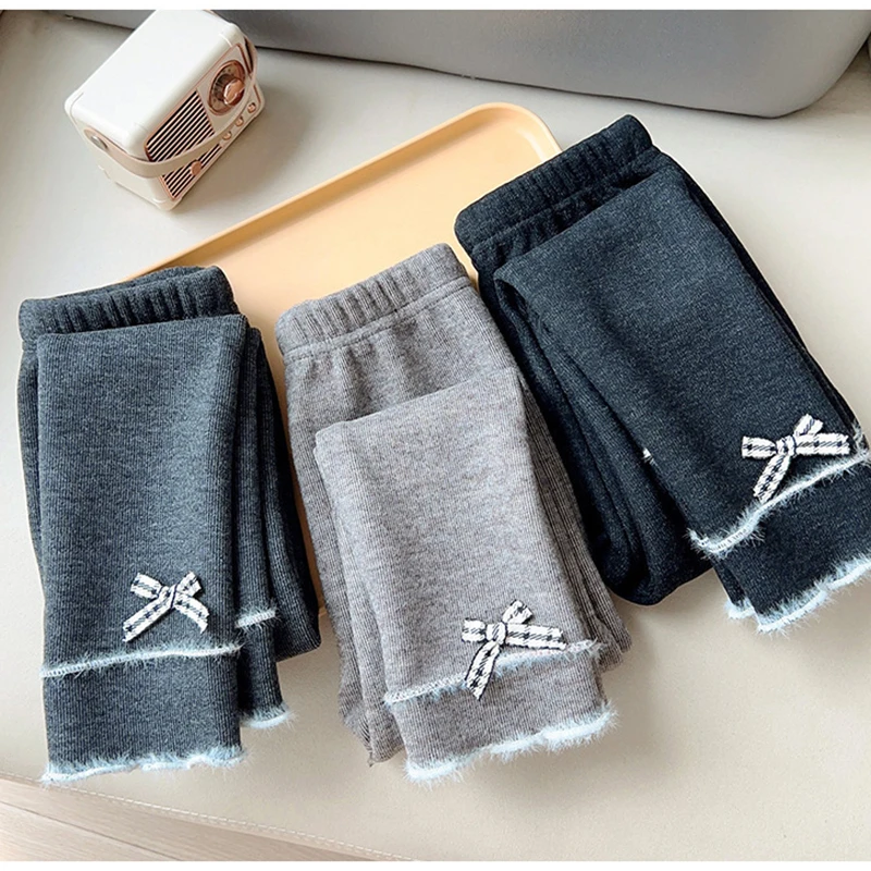 

2025 New Kids Clothes Autumn Winter Leggings for Girls Plaid Bow Fleece Thickened Warm Pants Fashion Children Bottoms