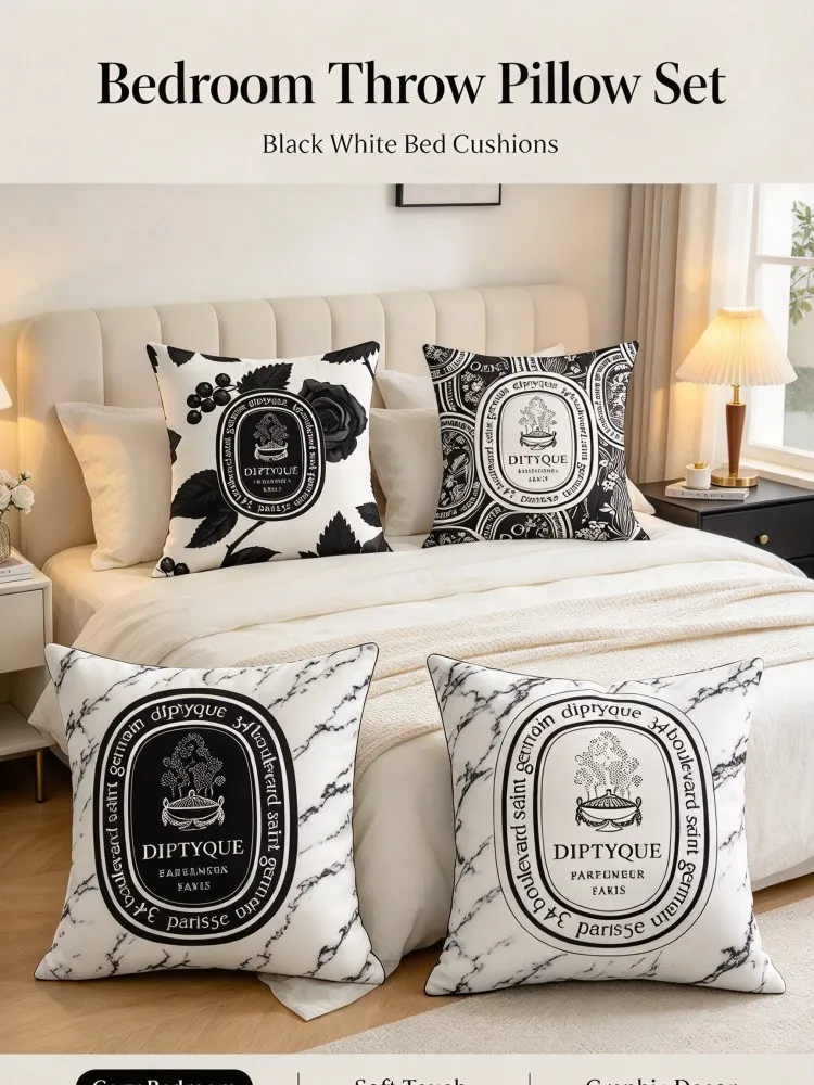 **Black White Perfume Label Pillow Set, Graphic Print Square Decorative Cushions, Soft Fabric Pillows for Sofa Bedroom Window Se