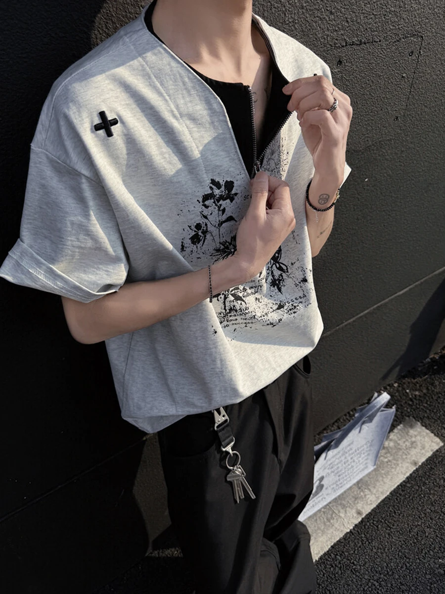 

American Retro f Zip ort Sve T-irt Men's Summer Heavyweight Pure Cotton Trendy Brand Cool oulder Sve Top