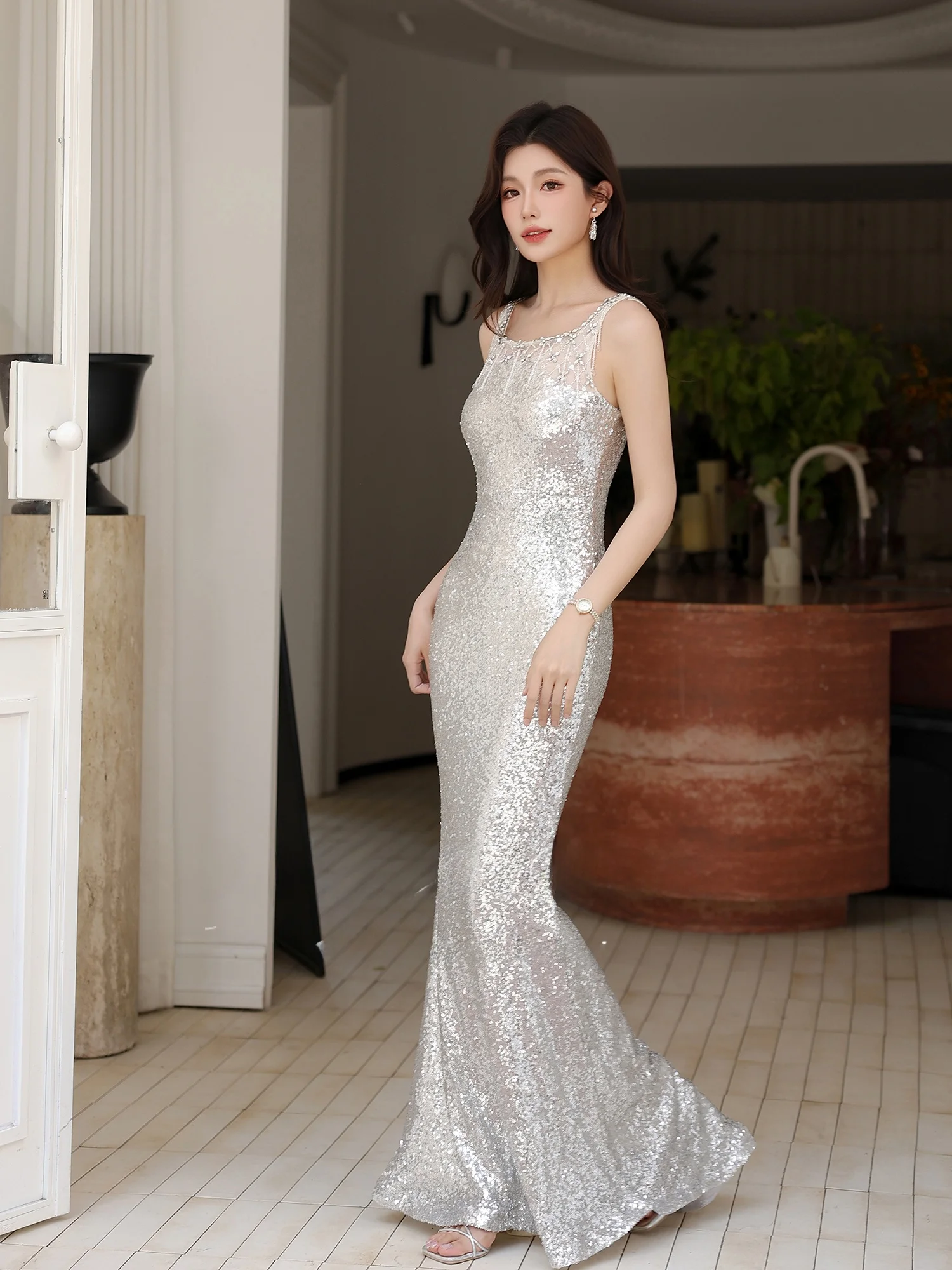 

Элегантное вечернее платье для женщин: сексуальное, с блестящими пайетками, длинное, для свадеб, вечеринок и банкетов