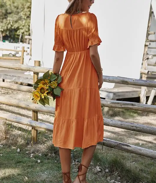 

Women's Dress Summer Classic Solid Color Simple Casual Style Round Neck Ruffle Edge Patchwork Bubble Sleeve Loose Vacation Dress