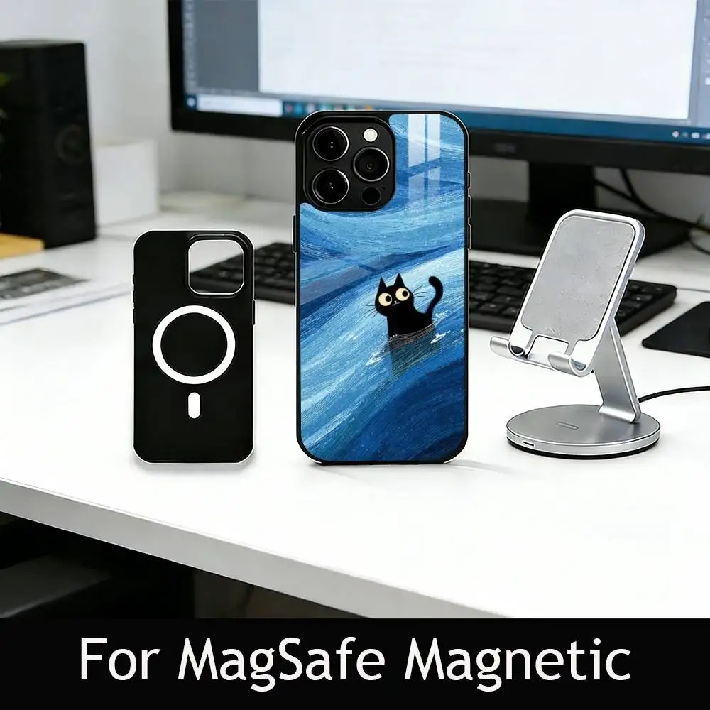 Cute Black Cat Illustration Phone Case For iPhone17,16,15,14,13,12,11 Plus,Pro Magnetic For Magsafe Wireless Charging