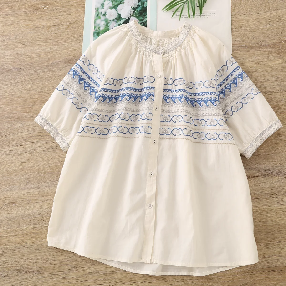 

2025 Women's summer shirt ethnic cotton embroidery shirts short sleeve blouses for women bohemian holiday beach tops