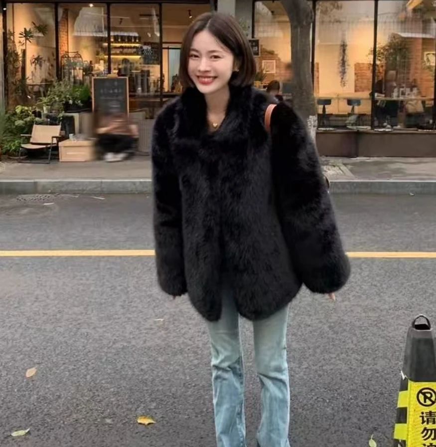 

Luxurious Faux Fur Lapel Coat Women's Elegant Solid Loose Lace-Up Leisure Jacket Winter Fashion Female Keep Warm Fur Coat
