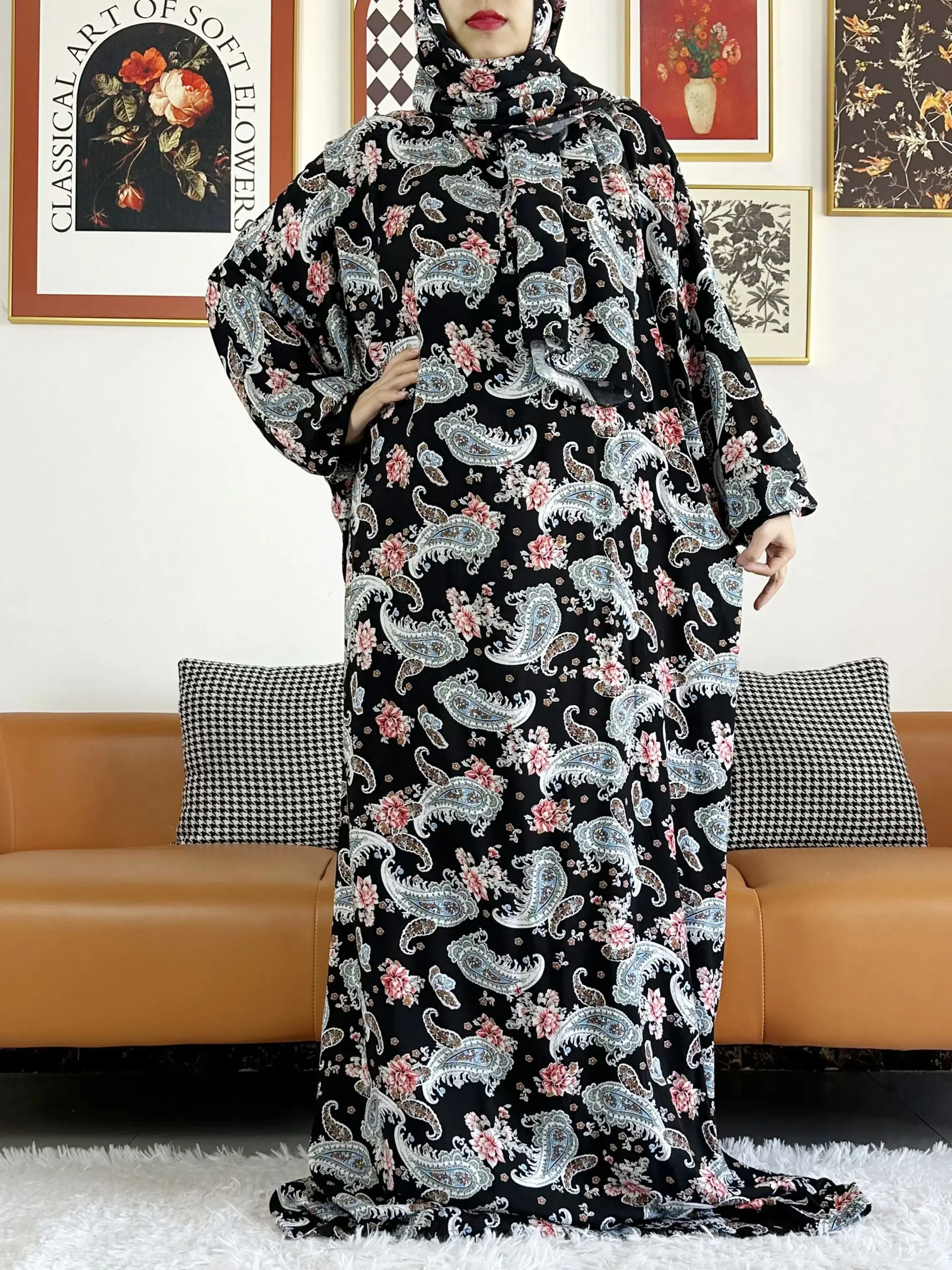 6xl muslimische Baumwolle Abaya für Frauen Ramadan Gebets kleidungs stück Dubai Truthahn Nahost Femme Robe lose afrikanische Kleid Turban Joint