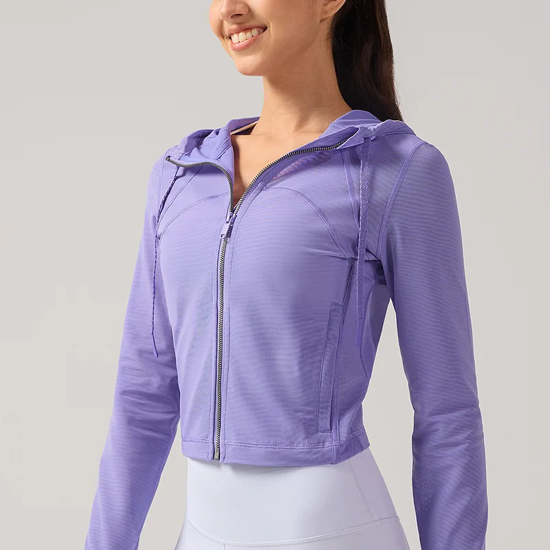 Lulu Sunscreen Yoga Suit Jacket For Women Moisture Absorbing And Breathable Quick Drying Sports Top Mesh Short Hooded Jacket