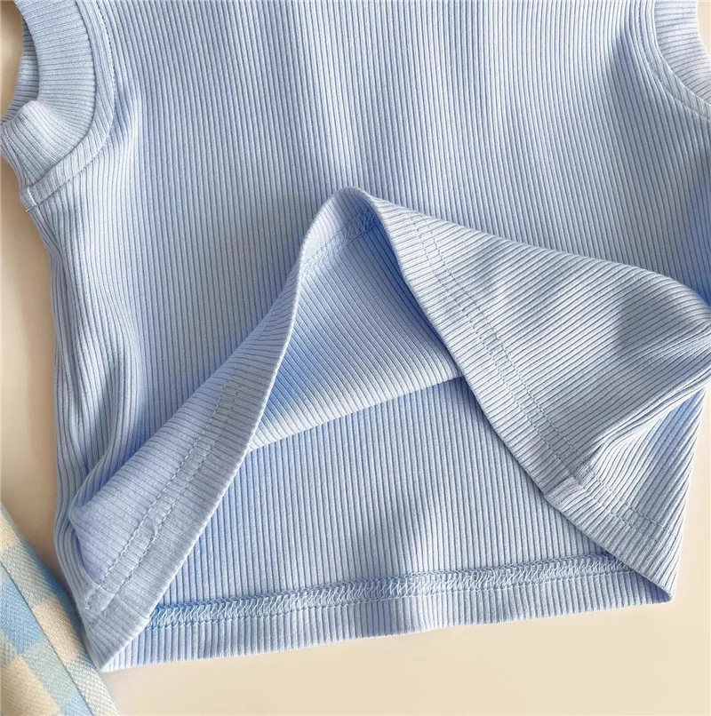 Girls Sleeveless Sets Children's Clothing Solid T-shirt +Plaid Pants + Bag 3Pcs Suits Baby Fashion Knotbow Outfits 2-8 Years