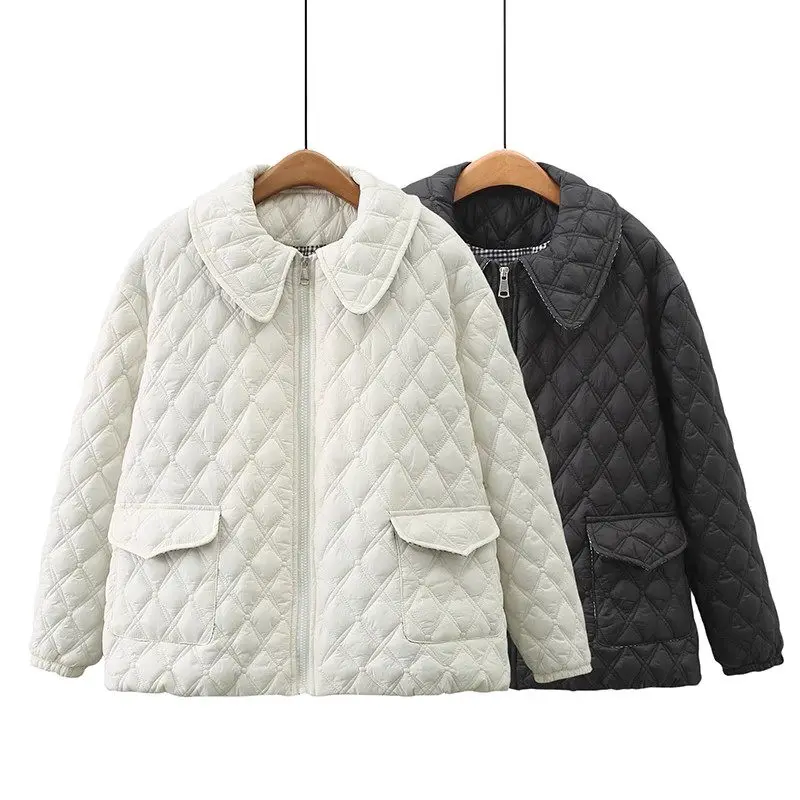 

2023 Winter Women's Clothing Korean Version New Warm Cotton Coat Large Size Lapel Zipper Diamond Checker Quilted Jacket Z3229