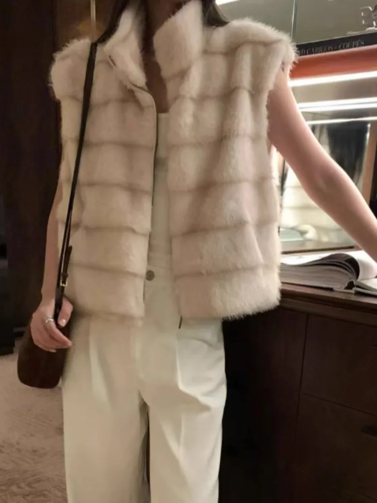 레트로 슬레 인조 모피 조끼 여성용 슬림 아우터웨어 슬림 트렌디 겨울 패션 다용도 캐주얼 편안한 탑