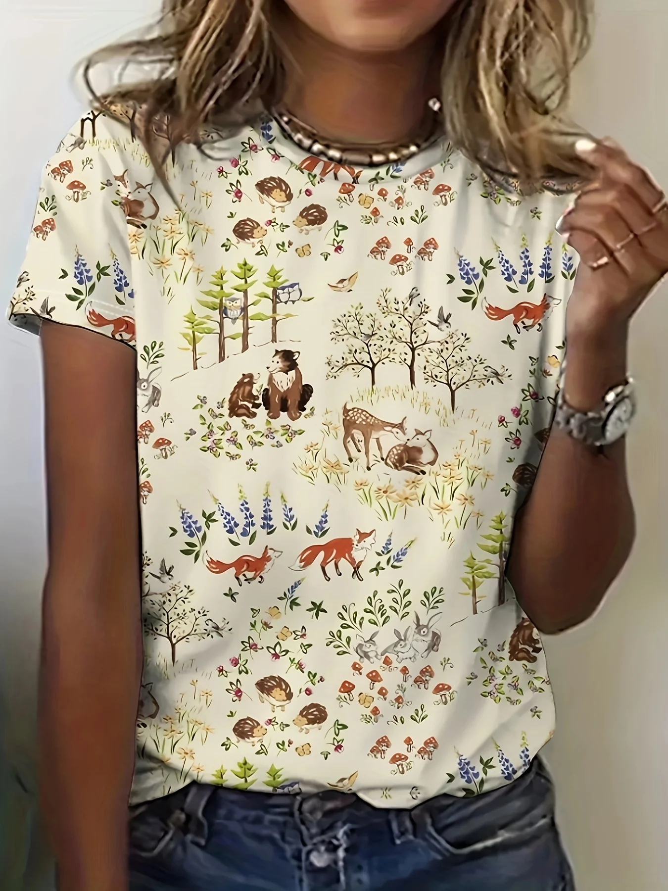 

Light Beige Women's Tee - Forest Animal & Floral Pattern Graphic, Cute Woodland Critter Design for Casual Daily Wear