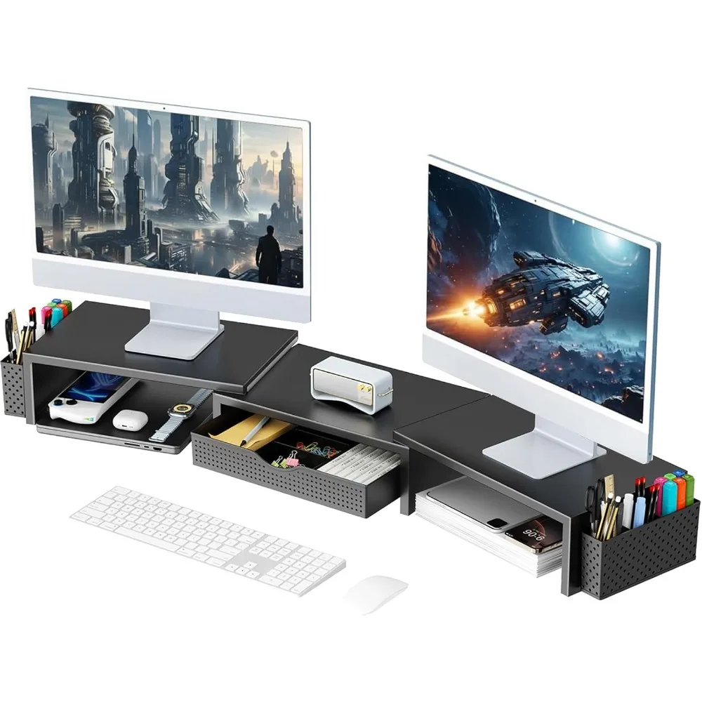 

Двойная подставка для монитора с ящиком для хранения и держателями для ручек, полка-органайзер для настольного компьютера, черная