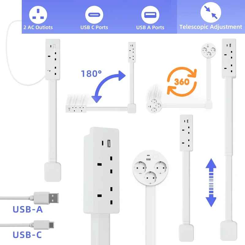 Adjustable Length Electrical Wall Plug Rotates Outlet Extender Power Socket for Night Stand - Rotatable Electrical Outlet Extend