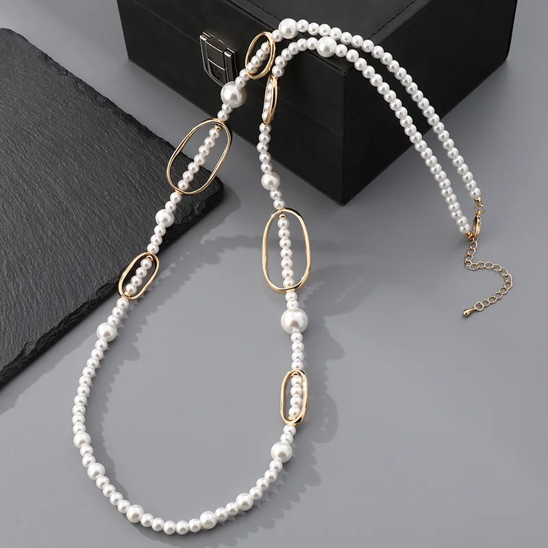 

Vintage Baroque Pearl Long Necklace, Gold Oval Link Chain, Luxury Statement Jewelry for Woman Fashion Jewelry Gift