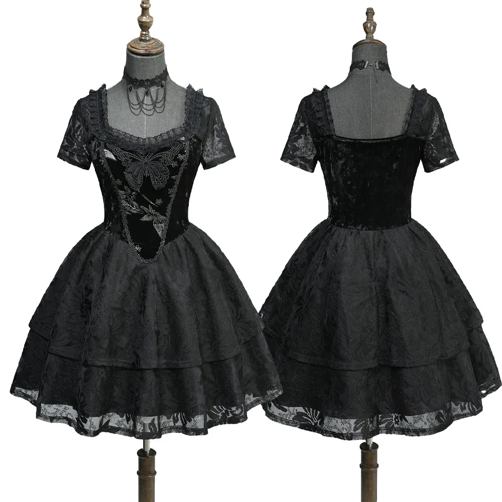 Hot Gothic Butterfly Appliques Flower Lace Dress 2026 New Black Ladies Spring Summer Square Collar Short Sleeves Mini Dresses