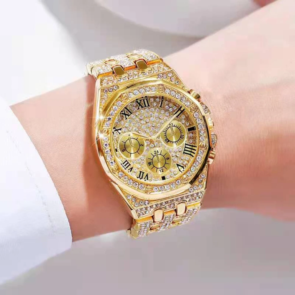 Mens Watches Luxury Hiphop Full Diamond Gold Stainless Steel Rhinestone Watch for Men Wristwatch Relogio Masculino  reloj hombre