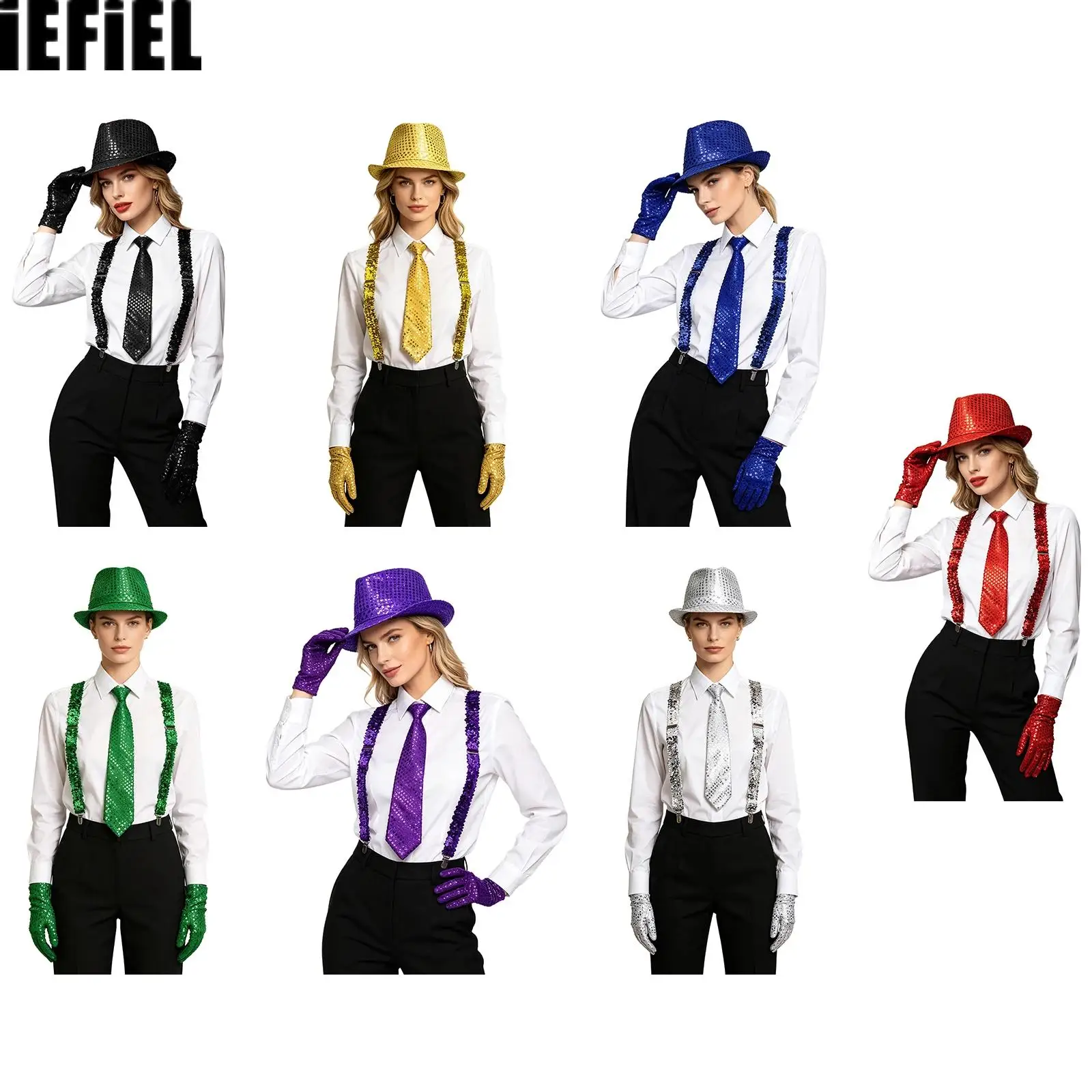 Retro Disco Sequins Short-brimmed Hat Y-back Elastic Suspender Necktie Adjustable Bow Tie Gloves Accessaries Set for Halloween