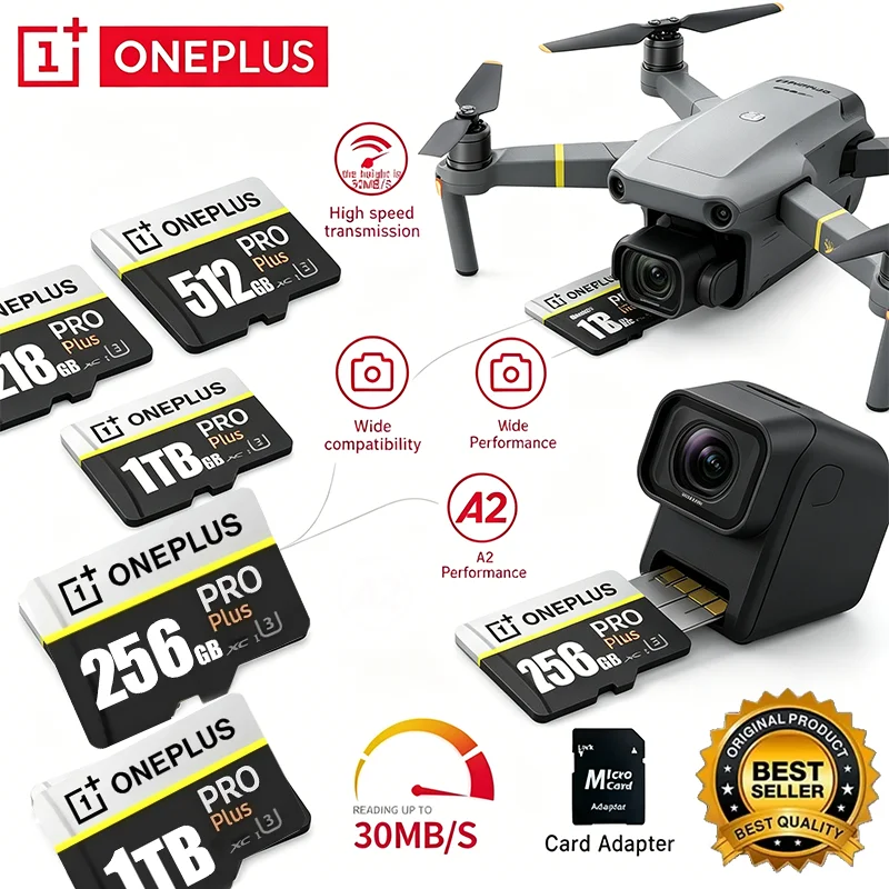 OnePlus 2027 2TB High-Speed V30 A2 4K SD Card 512GB 256GB Memory Card 1TB Micro TF SD Adapter Cross-Use for Cam phone/Tablet/PC